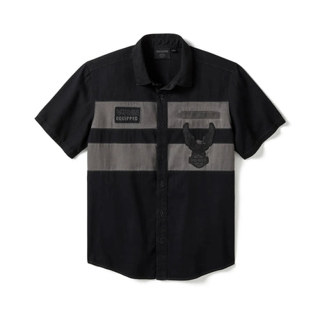 Black and gray short-sleeve shirt with brand logos on a white background