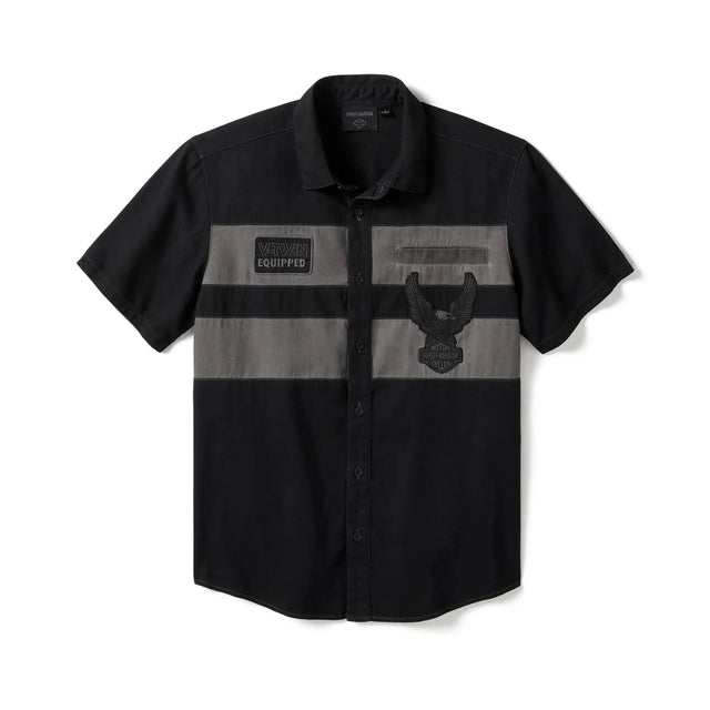 Black and gray short-sleeve shirt with brand logos on a white background