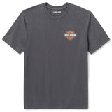 Gray t-shirt with a logo on the chest against a white background