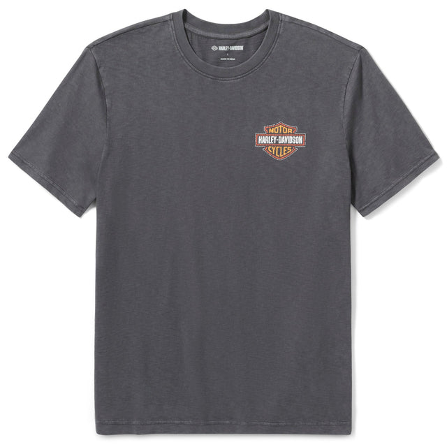 Gray t-shirt with a logo on the chest against a white background