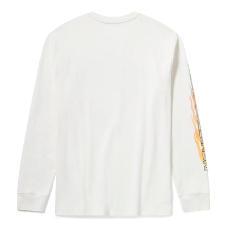 White long-sleeve shirt with colorful sleeve design on a white background
