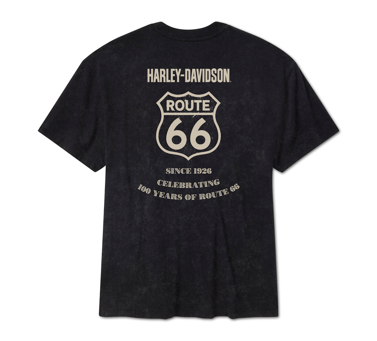 Black t-shirt with Harley-Davidson Route 66 branding on a white background