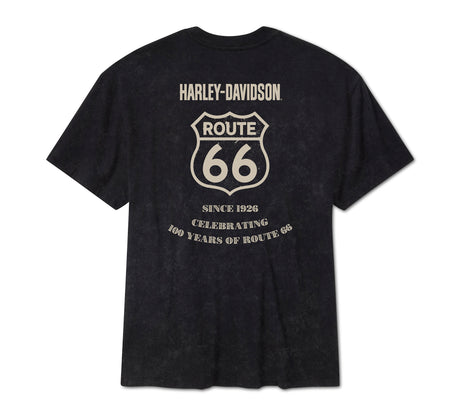 Black t-shirt with Harley-Davidson Route 66 branding on a white background