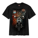 Black t-shirt with a motorcycle and map design on a white background