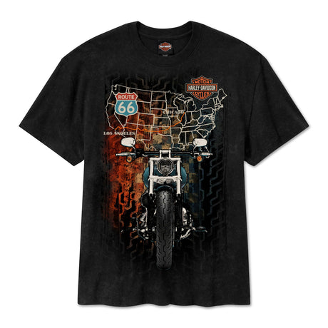 Black t-shirt with a motorcycle and map design on a white background
