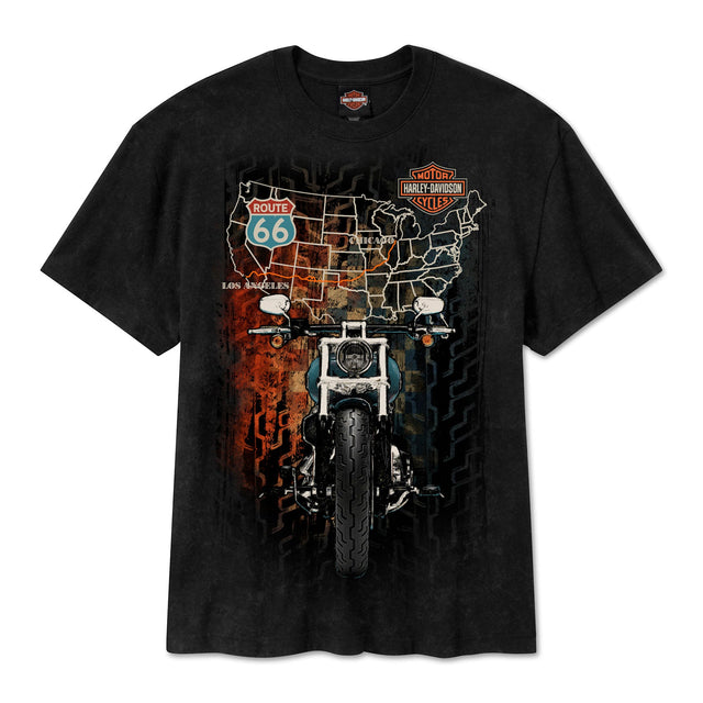 Black t-shirt with a motorcycle and map design on a white background