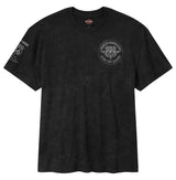 Black t-shirt with a logo and text on a white background