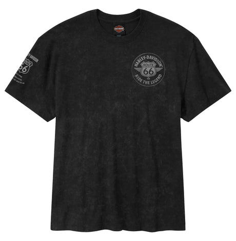 Black t-shirt with a logo and text on a white background
