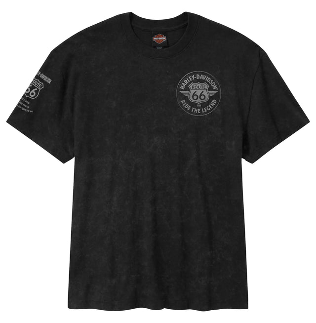 Black t-shirt with a logo and text on a white background