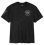 Black t-shirt with a logo and text on a white background