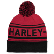 Red beanie with black pom-pom and 'HARLEY' branding on a white background