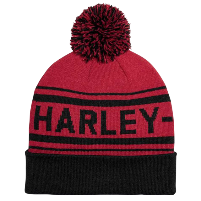 Red beanie with black pom-pom and 'HARLEY' branding on a white background