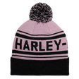 Pink beanie with black stripes and 'Harley' branding on a white background