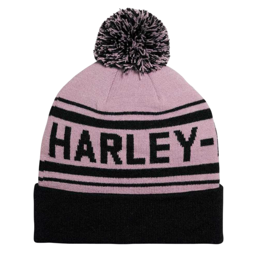 Pink beanie with black stripes and 'Harley' branding on a white background