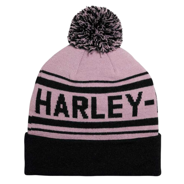 Pink beanie with black stripes and 'Harley' branding on a white background