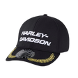 Black Harley-Davidson cap with gold accents on a white background