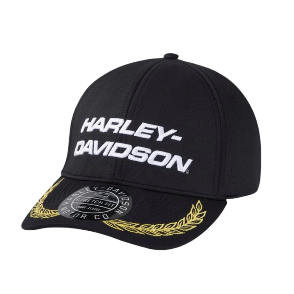 Black Harley-Davidson cap with gold accents on a white background