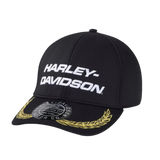 Black Harley-Davidson cap with gold accents on a white background