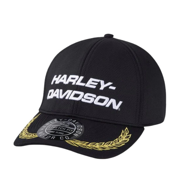 Black Harley-Davidson cap with gold accents on a white background