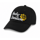 Black Harley-Davidson cap with a yellow rose logo on a white background