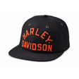 Black Harley Davidson cap with orange text on a white background