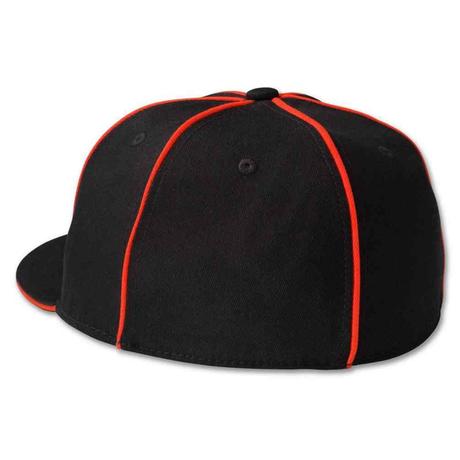 Black cap with red accents on a white background