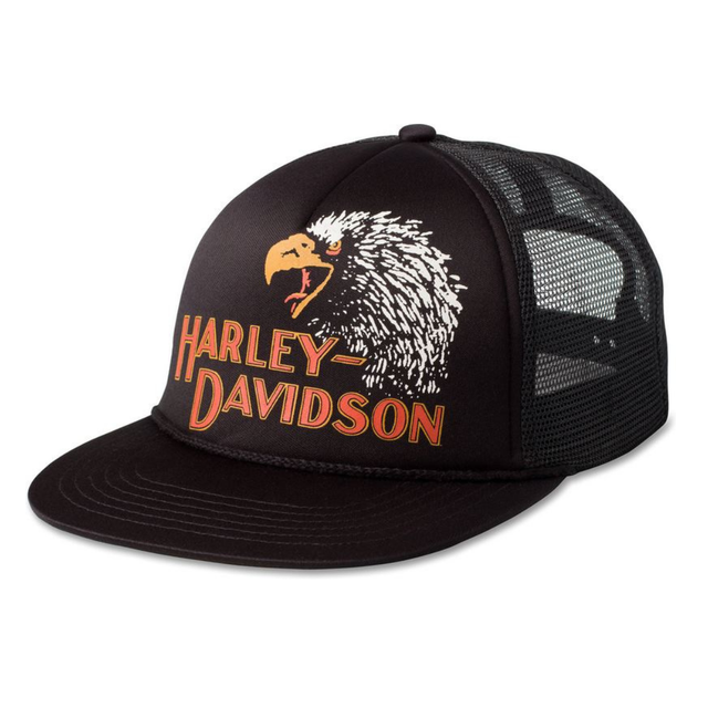 Black Harley-Davidson cap with an eagle emblem on a white background