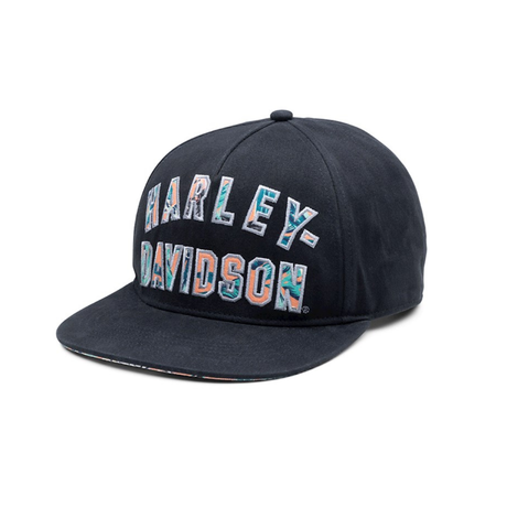 Black Harley-Davidson cap with colorful text on a white background