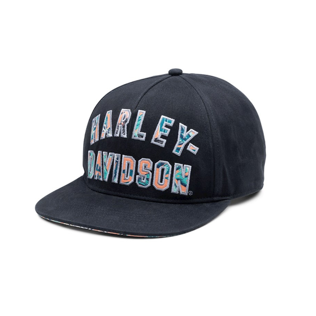 Black Harley-Davidson cap with colorful text on a white background