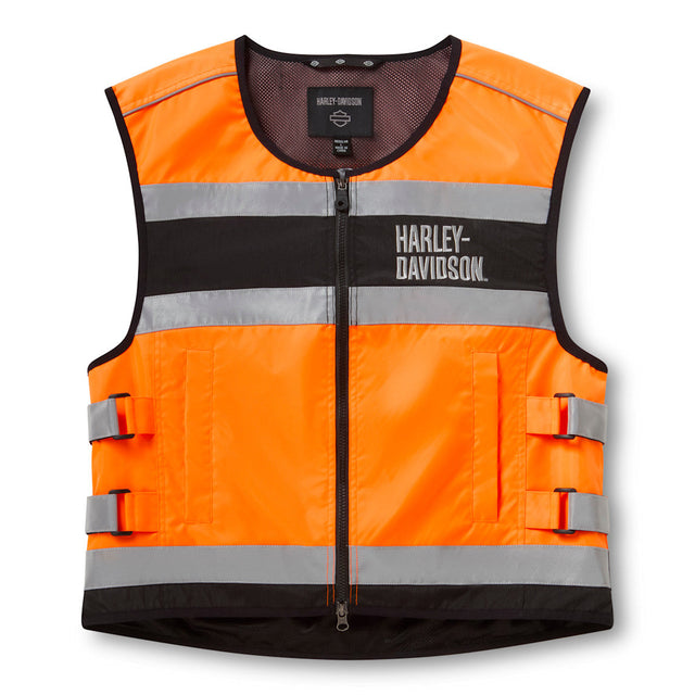 Orange safety vest with reflective stripes and Harley-Davidson logo on a white background