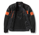 Black jacket with orange accents on a white background