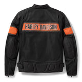 Black motorcycle jacket with orange accents and 'Harley-Davidson' logo on a white background