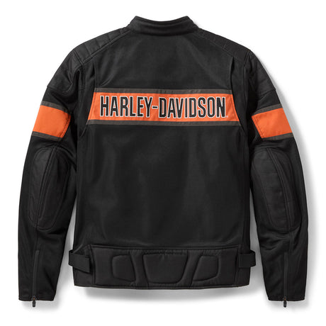 Black motorcycle jacket with orange accents and 'Harley-Davidson' logo on a white background
