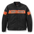 Black motorcycle jacket with orange accents and Harley-Davidson logo on a white background