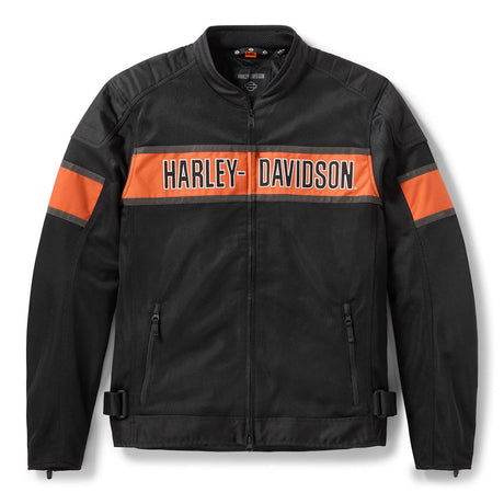 Black motorcycle jacket with orange accents and Harley-Davidson logo on a white background