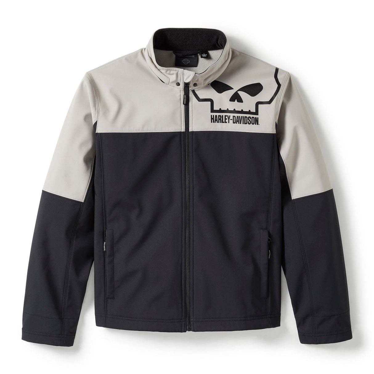 Two-tone black and beige jacket with a skull logo on a white background