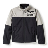 Two-tone black and beige jacket with a skull logo on a white background