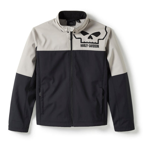 Two-tone black and beige jacket with a skull logo on a white background