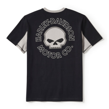 Black t-shirt with Harley-Davidson logo on the back against a white background
