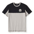 Two-tone black and gray t-shirt with a skull logo on a white background