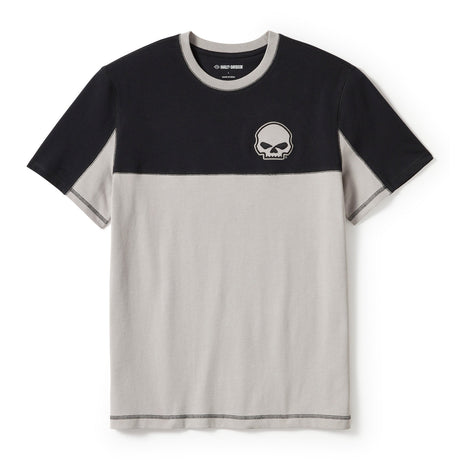 Two-tone black and gray t-shirt with a skull logo on a white background