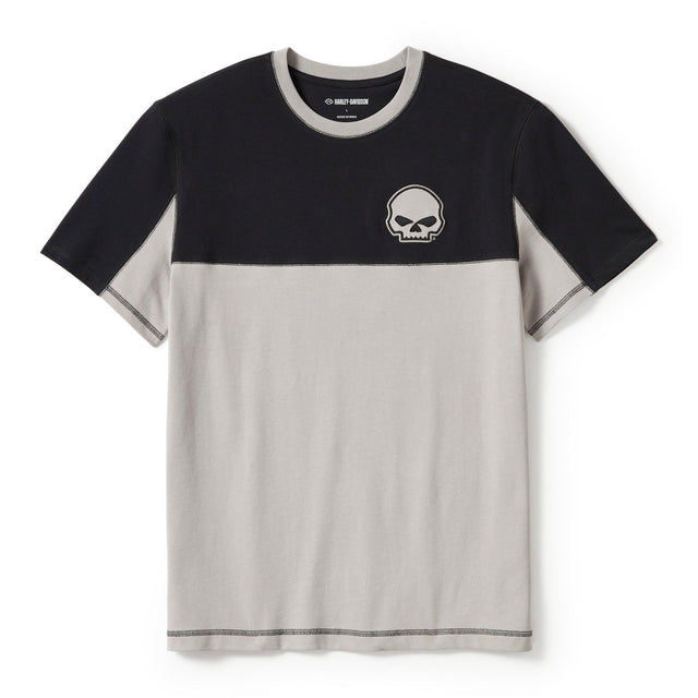 Two-tone black and gray t-shirt with a skull logo on a white background