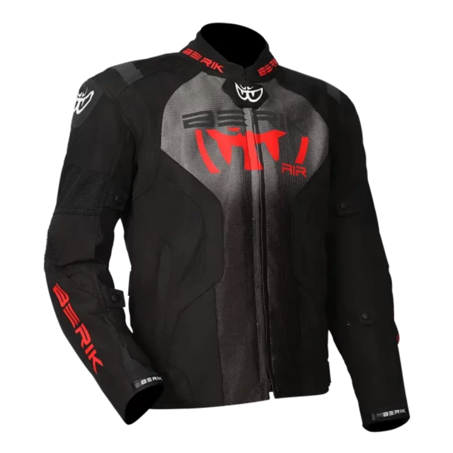 Black motorcycle jacket with red and white branding on a white background