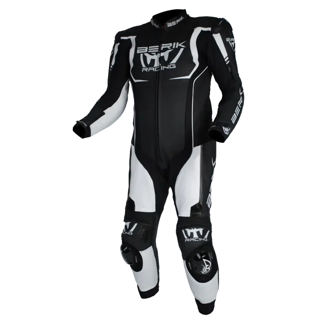 Black and white racing suit with 'Berik Racing' branding on a white background