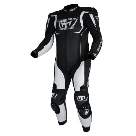 Black and white racing suit with 'Berik Racing' branding on a white background