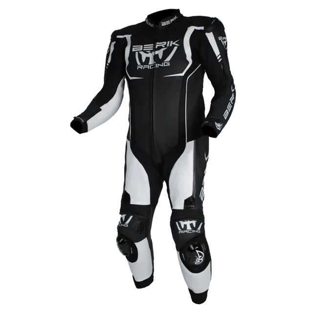 Black and white racing suit with 'Berik Racing' branding on a white background