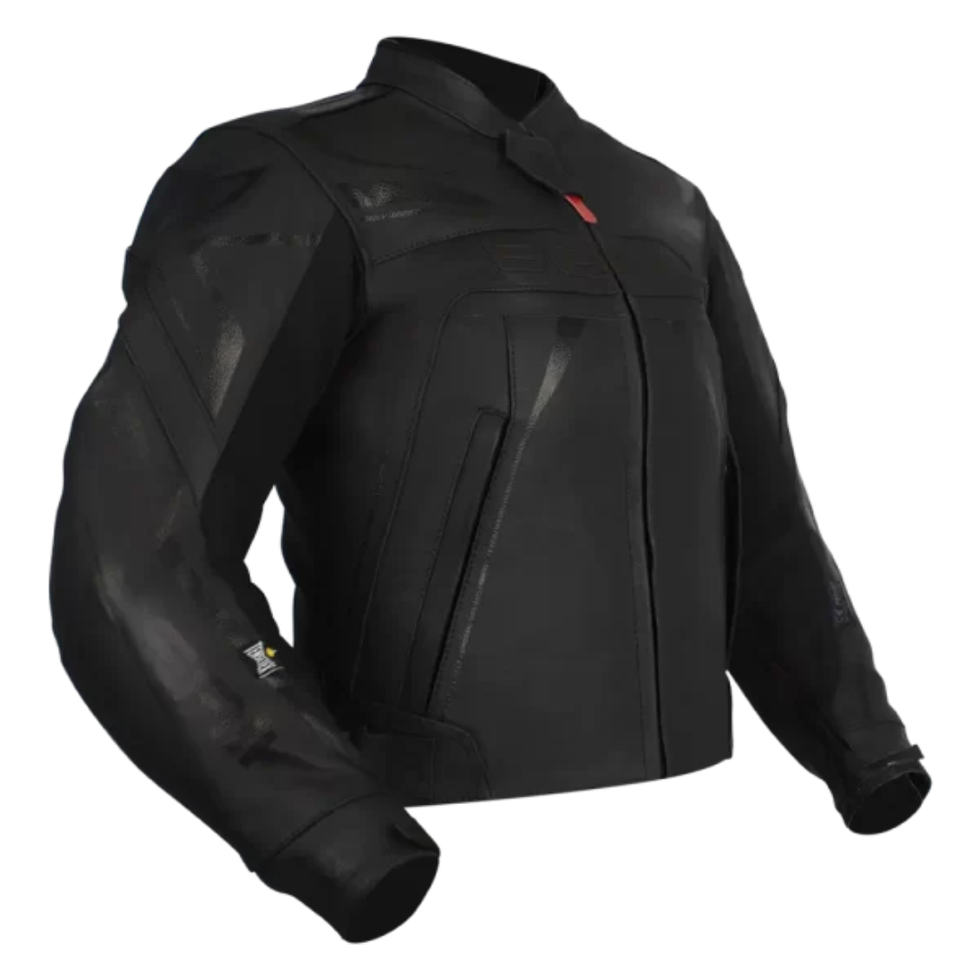 Black motorcycle jacket on a white background