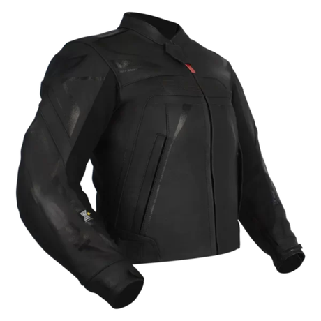 Black motorcycle jacket on a white background