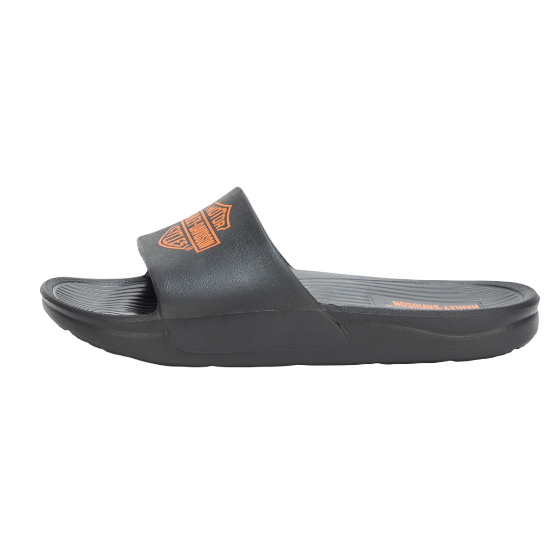 Gray slide sandal with orange logo on a white background