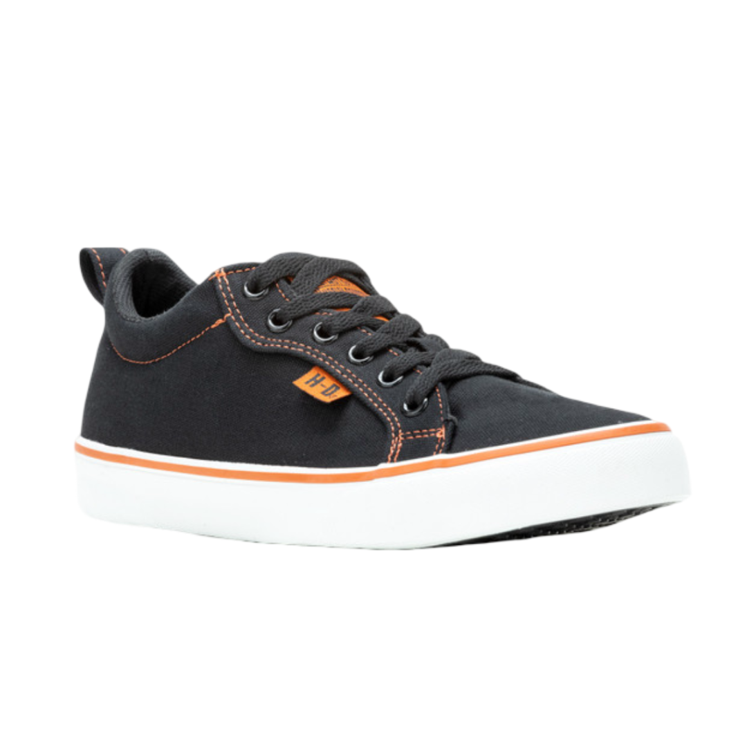 Black sneaker with orange accents on a white background